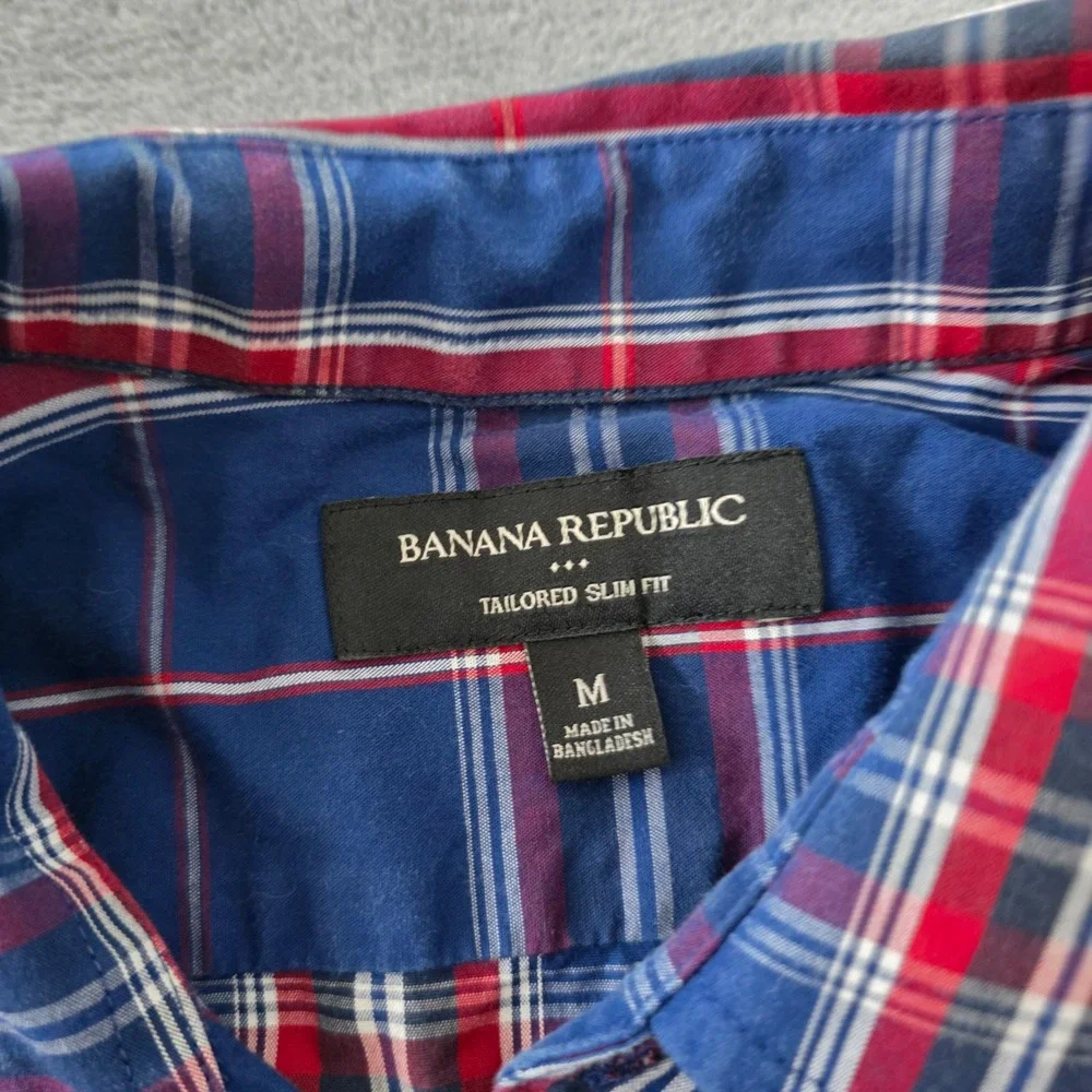 Banana Republic Mens Tailored Slim Fit Plaid Button Down Shirt Navy Red Size M